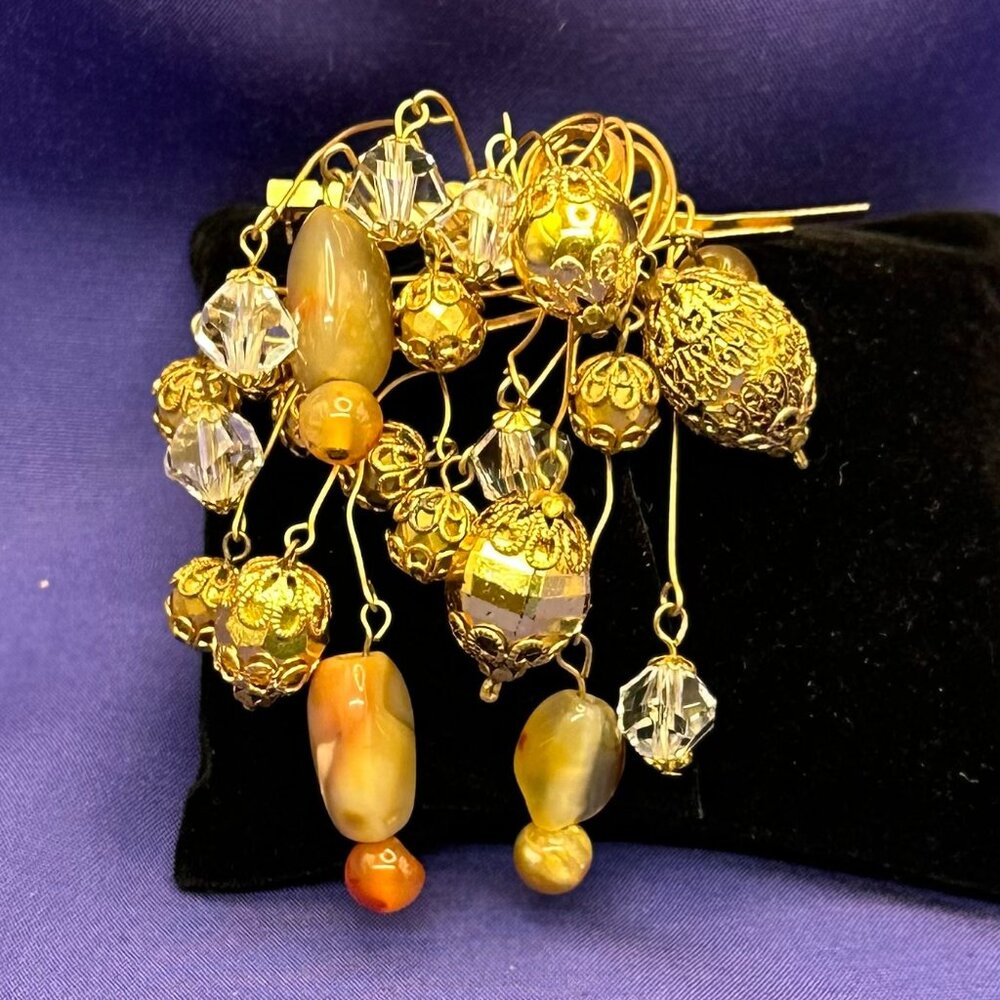Unique & Rare! VTG Austrian-Made Brooch Dangling Crystals & Natural Stone Beads
